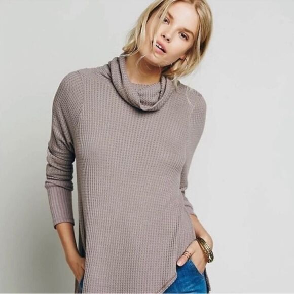 Free People We The Free Kristina Thermal Waffle Knit Top Mushroom Size Small - Picture 2 of 11